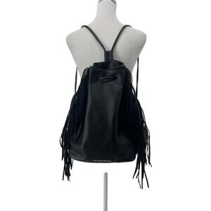 Victoria’s Secret Black Fringe Backpack Faux Leather Drawstring Bag Small Flaw